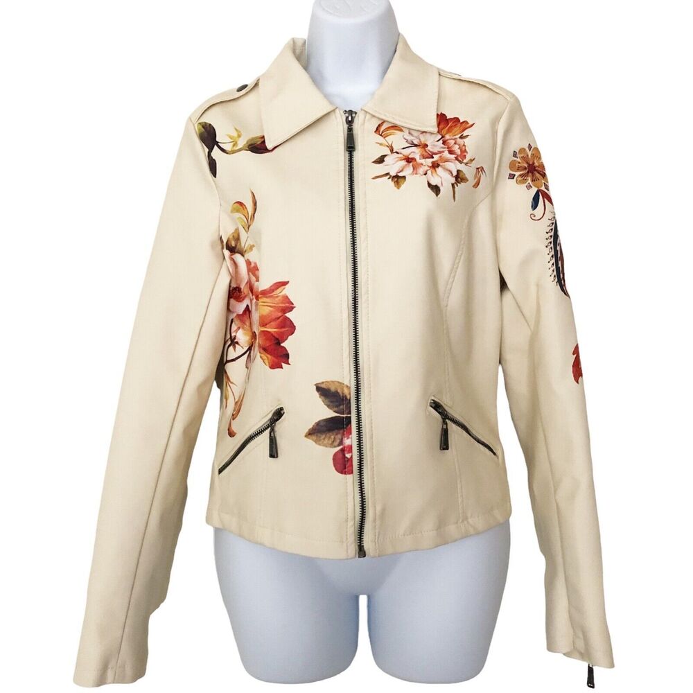 odyn Vegan Leather Scuba Jacket Cream With Floral Print Size Small Clean!